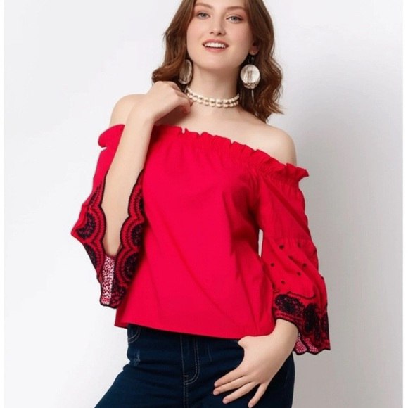 GAP Off-Shoulder Eyelet Bell-Sleeve Top Red Navy Embroidery Cotton blouse - Picture 1 of 12